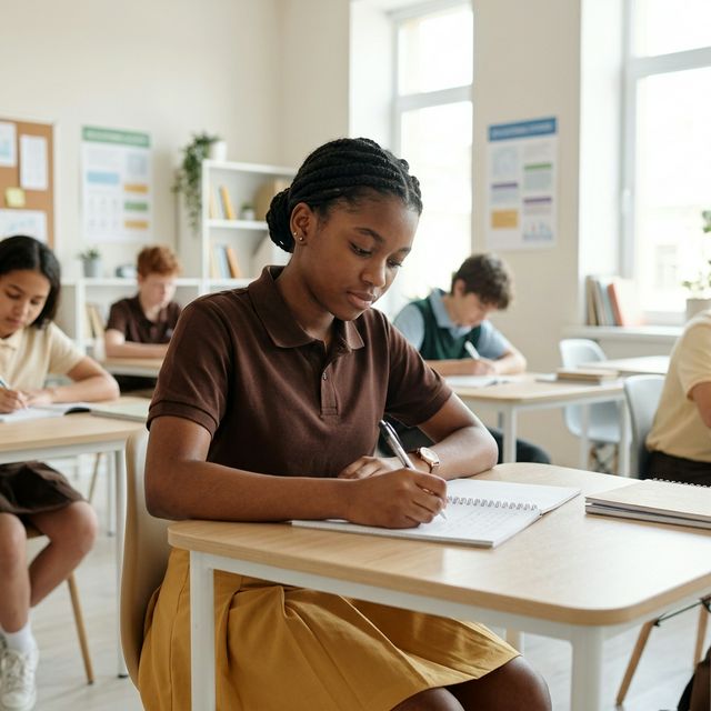 A Ghanaian JHS student writing her BECE exam in class